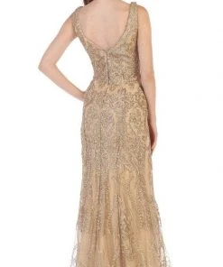 Formal Gowns May Queen - Applique V-neck Trumpet Evening Gown RQ7662 - 1 Pc Gold In Size 8 Available