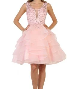 Cocktail Dresses May Queen - Beaded Lace Deep V-neck Cocktail Dress