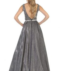 May Queen - Beaded Lace V-Neck Metallic Gown RQ7790 - 1 Pc Charcoal Gray In Size 8 Available
