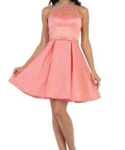 Cocktail Dresses May Queen - Bedazzled Illusion Halter A-line Prom Dress