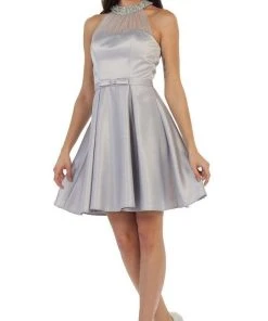 Cocktail Dresses May Queen - Bedazzled Illusion Halter A-line Prom Dress