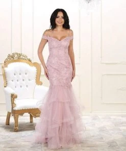 May Queen Bridal - RQ7502 Laced V-Neck Trumpet Dress Formal Gowns