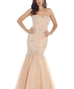 May Queen Bridal - Strapless Mermaid Dress With Embellished Lace Appliqued Bodice RQ7248 Formal Gowns