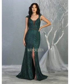 May Queen - Cap Sleeve Front Slit Formal Dress RQ7812 - 1 Pc Hunter Green In Size 10 Available