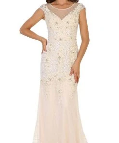 Formal Gowns May Queen - Cap Sleeve Rhinestone Embellished Evening Gown