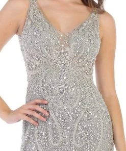 May Queen - Crystal Beaded V-neck Sheath Dress RQ7650 - 1 Pc Champagne In Size 20 Available Formal Gowns