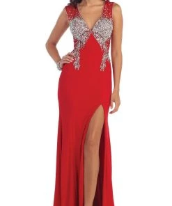 Formal Gowns May Queen - Deep V-Neck Bejeweled Fitted Evening Gown