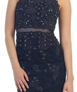 Cocktail Dresses May Queen - Embellished Illusion Halter Sheath Cocktail Dress