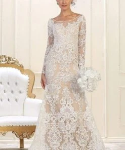 May Queen - Embroidered Lace Sheer Long Sleeve Trumpet Gown RQ7603 - 1 Pc Ivory/Nude In Size 10 Available
