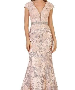 May Queen - Floral Appliqued Deep V-neck Mermaid Mother Of The Bride Gown