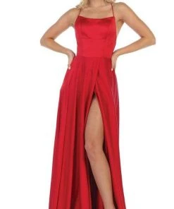 Formal Gowns May Queen - Halter Neck Tie String Back A-Line Satin Gown MQ1642 - 1 Pc Eggplant In Size 4 Available