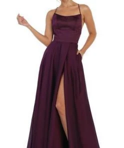 Formal Gowns May Queen - Halter Neck Tie String Back A-Line Satin Gown MQ1642 - 1 Pc Eggplant In Size 4 Available