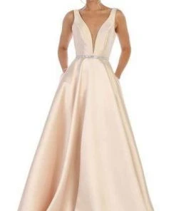 May Queen - Illusion Plunging Neck Sleeveless Satin A-Line Gown MQ1683 - 1 Pc Champagne In Size 12 Available 9 May Queen - Illusion Plunging Neck Sleeveless Satin A-Line Gown MQ1683 - 1 Pc Champagne In Size 12 Available