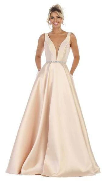May Queen - Illusion Plunging Neck Sleeveless Satin A-Line Gown MQ1683 - 1 Pc Champagne In Size 12 Available 5 May Queen - Illusion Plunging Neck Sleeveless Satin A-Line Gown MQ1683 - 1 Pc Champagne In Size 12 Available
