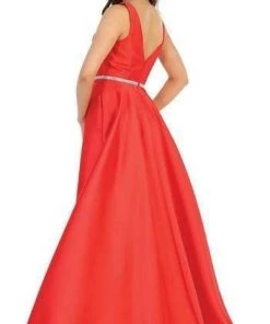 May Queen - Illusion Plunging Neck Sleeveless Satin A-Line Gown MQ1683 - 1 Pc Champagne In Size 12 Available 11 May Queen - Illusion Plunging Neck Sleeveless Satin A-Line Gown MQ1683 - 1 Pc Champagne In Size 12 Available