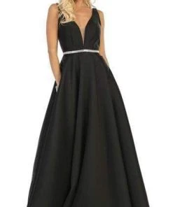 May Queen - Illusion Plunging Neck Sleeveless Satin A-Line Gown MQ1683 - 1 Pc Champagne In Size 12 Available