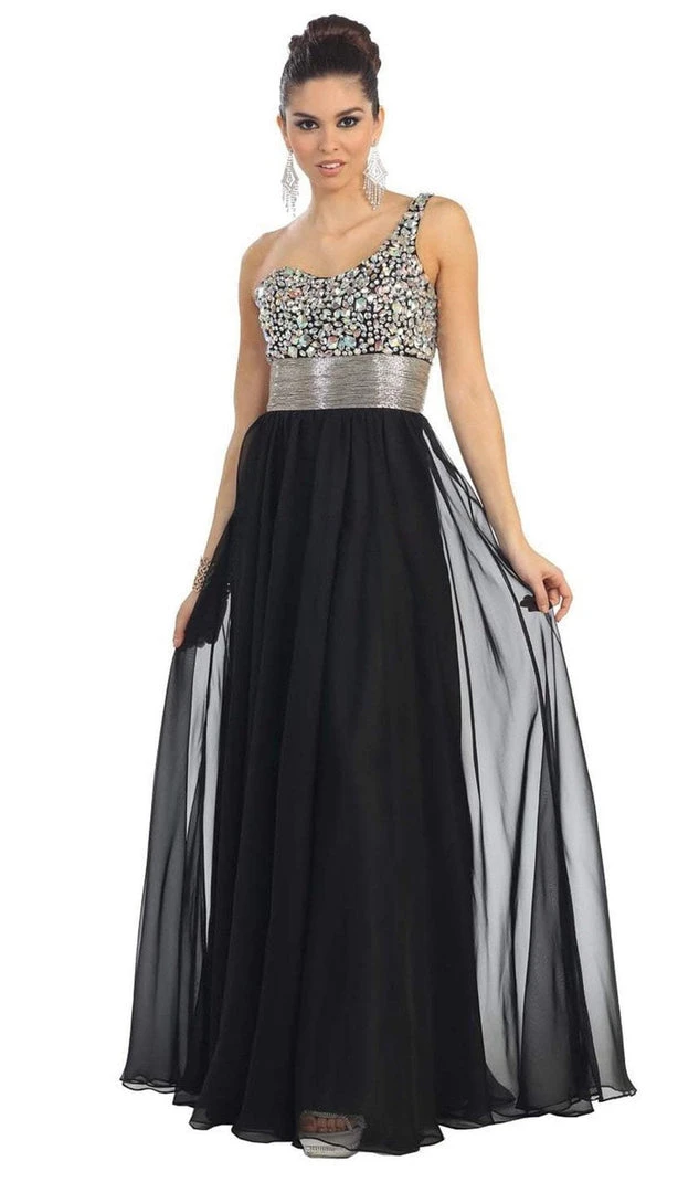 Formal Gowns May Queen - Jewel Embellished Asymmetrical Neck Chiffon Prom Dress 12 Formal Gowns May Queen - Jewel Embellished Asymmetrical Neck Chiffon Prom Dress