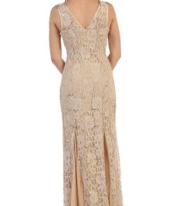Formal Gowns May Queen - Lace Embellished V-neck Sheath Evening Dress