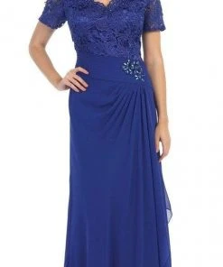May Queen Lace V-Neck Short Sleeves Evening Dress MQ1229 - 1 Pc Royal Blue In Size XL Available Formal Gowns