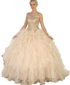 May Queen - LK104 Gilded Jewel Neck Ruffled Quinceanera Ballgown