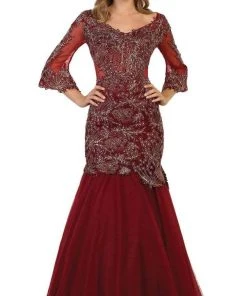 May Queen - May Queen - RQ7542 Embroidered V-Neck Trumpet Evening Gown