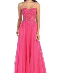 May Queen - MQ1117 Illusion Paneled Strapless A-line Prom Dress Formal Gowns