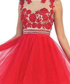 Cocktail Dresses May Queen - MQ1141 Astonishing Embroidered Bateau Illusion A-Line Cocktail Dress