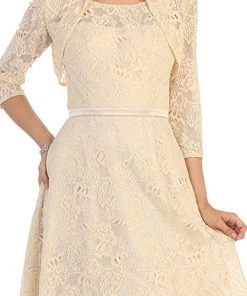 May Queen - MQ1209 Illusion Lace A-Line Cocktail Dress With Sheer Bolero Cocktail Dresses