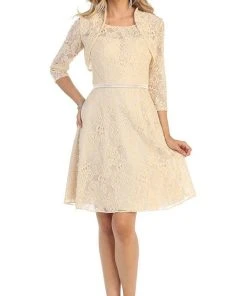 May Queen - MQ1209 Illusion Lace A-Line Cocktail Dress With Sheer Bolero Cocktail Dresses