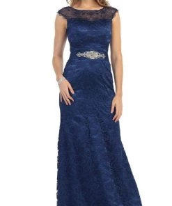 May Queen - MQ1237 Charming Cap Sleeved Bateau Neck Long Formal Dress