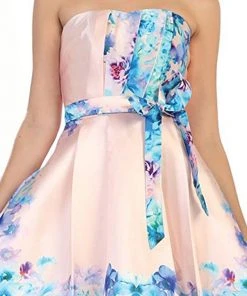 Cocktail Dresses May Queen - MQ1408 Strapless Pleated Floral Cocktail Dress