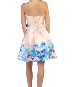 Cocktail Dresses May Queen - MQ1408 Strapless Pleated Floral Cocktail Dress