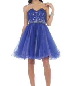 Cocktail Dresses May Queen - MQ1425 Flirty Laced Embellished Sweetheart A-Line Cocktail Dress