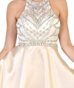 May Queen - MQ1492 High Halter Neck Bejeweled Cocktail Dress