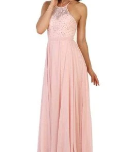 Formal Gowns May Queen - MQ1507 Sleeveless Halter Neck Evening Dress - 1 Pc Blush In Size 14 Available