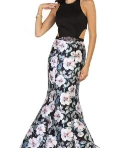 May Queen - MQ1526 Halter Floral Print Mermaid Evening Dress