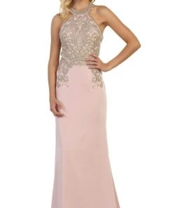 May Queen - MQ1538 Gilded Halter Neck Trumpet Dress Formal Gowns