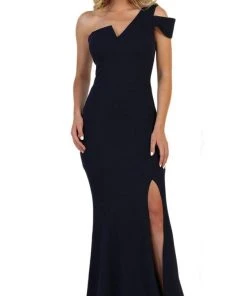 May Queen - MQ1572 Fitted One Shoulder Strap Evening Dress With Slit