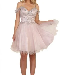 May Queen - MQ1575 Cold Shoulder Crystal Adorned A-Line Party Dress Cocktail Dresses