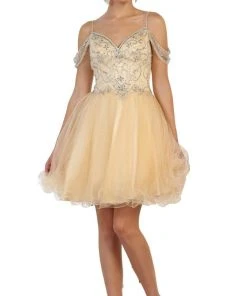 May Queen - MQ1575 Cold Shoulder Crystal Adorned A-Line Party Dress Cocktail Dresses
