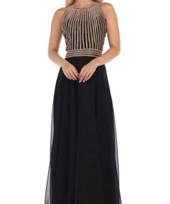 May Queen - MQ1586 Stripe Beaded Illusion Jewel Chiffon Gown Formal Gowns