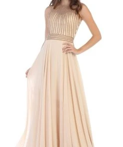 May Queen - MQ1586 Stripe Beaded Illusion Jewel Chiffon Gown Formal Gowns