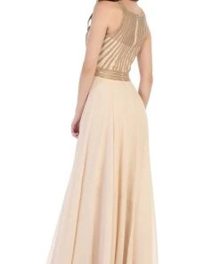 May Queen - MQ1586 Stripe Beaded Illusion Jewel Chiffon Gown Formal Gowns