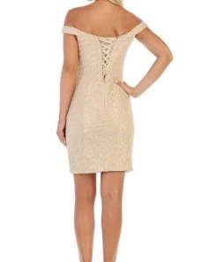 May Queen - MQ1597 Lace Deep Off-Shoulder Sheath Dress Cocktail Dresses