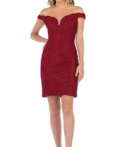 May Queen - MQ1597 Lace Deep Off-Shoulder Sheath Dress Cocktail Dresses