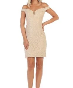 May Queen - MQ1597 Lace Deep Off-Shoulder Sheath Dress Cocktail Dresses