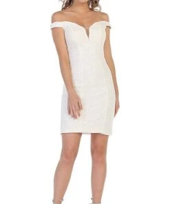 May Queen - MQ1597 Lace Deep Off-Shoulder Sheath Dress Cocktail Dresses