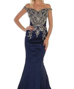 May Queen - MQ1609 Metallic Lace Appliqued Trumpet Gown Formal Gowns