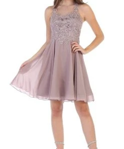 May Queen - MQ1618 Embroidered Illusion Halter A-line Dress Cocktail Dresses