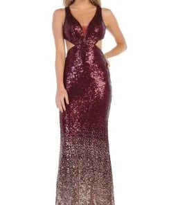 Formal Gowns May Queen - MQ1628 Two Tone Sequined Deep V-neck Sheath Dress